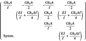 \begin{displaymath}
\left(\begin{array}{cccc}
\dfrac{Gk\subsc{t}A}{\ell} & -\df...
...I}{\ell}+\dfrac{Gk\subsc{t}A\ell}{4}\right)
\end{array}\right)
\end{displaymath}