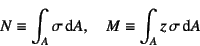 \begin{displaymath}
N\equiv\int_A \sigma \dint A,\quad
M\equiv\int_A z \sigma \dint A
\end{displaymath}