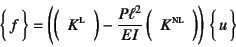 \begin{displaymath}
\vect{f}=
\left(\mat{K\supersc{l}}-\dfrac{P\ell^2}{EI} 
\mat{K\supersc{nl}} \right) \vect{u}
\end{displaymath}