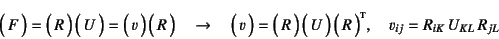 \begin{displaymath}
\matrx{F}=\matrx{R} \matrx{U}=
\matrx{v} \matrx{R} \quad\t...
...{R} \matrx{U} \matrx*{R},\quad
v_{ij}=R_{iK} U_{KL} R_{jL}
\end{displaymath}