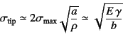 \begin{displaymath}
\sigma\sub{tip}\simeq 2\sigma\sub{max}\sqrt{\dfrac{a}{\rho}}
\simeq\sqrt{\dfrac{E \gamma}{b}}
\end{displaymath}