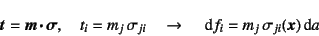 \begin{displaymath}
\fat{t}=\fat{m} \fat{\cdot} \fat{\sigma}, \quad
t_i=m_j ...
...{ji} \quad\to\quad
\dint f_i=m_j \sigma_{ji}(\fat{x})\dint a
\end{displaymath}