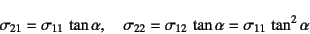 \begin{displaymath}
\sigma_{21}=\sigma_{11} \tan\alpha, \quad
\sigma_{22}=\sigma_{12} \tan\alpha=\sigma_{11} \tan^2\alpha
\end{displaymath}