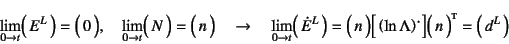 \begin{displaymath}
\lim_{0\to t} \matrx{E^L} = \matrx{0}, \quad
\lim_{0\to t} \...
...matrx{\left(\ln\Lambda\right)\dot{}}
\matrx*{n} = \matrx{d^L}
\end{displaymath}