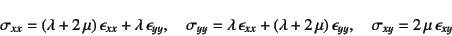 \begin{displaymath}
\sigma_{xx}=(\lambda+2 \mu) \epsilon_{xx}+
\lambda \epsi...
... \mu) \epsilon_{yy}, \quad
\sigma_{xy}=2 \mu \epsilon_{xy}
\end{displaymath}